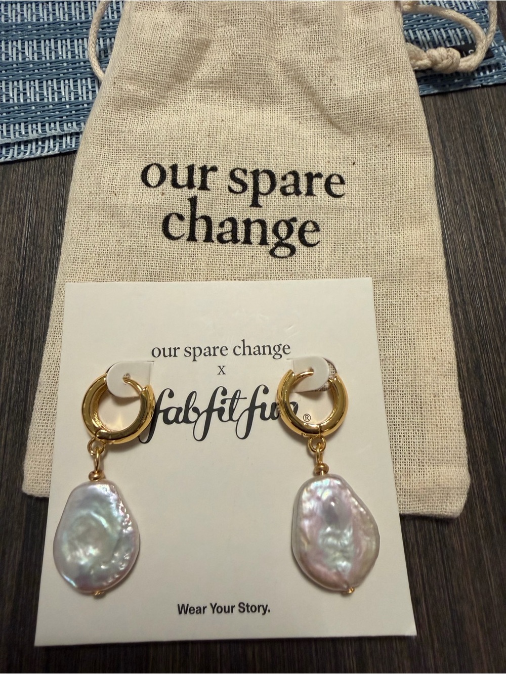 Gold Hoop Earrings with Iridescent Pearl Drops NWOT - Picture 2 of 3